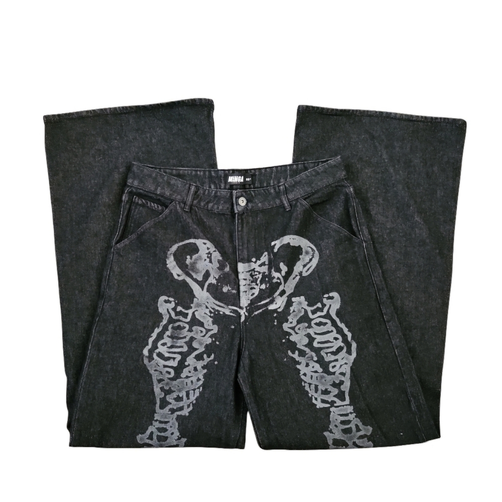 Minga London Bones Black Washed Denim Jeans Skeleton Print Wide Baggy Leg SZ 36 - Picture 7 of 16